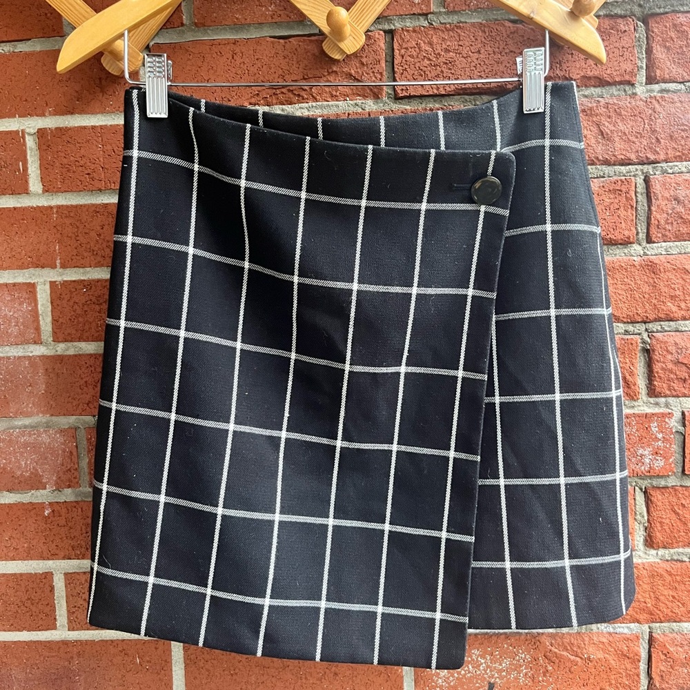 LOFT Black Windowpane Wrap-Style Mini Skirt